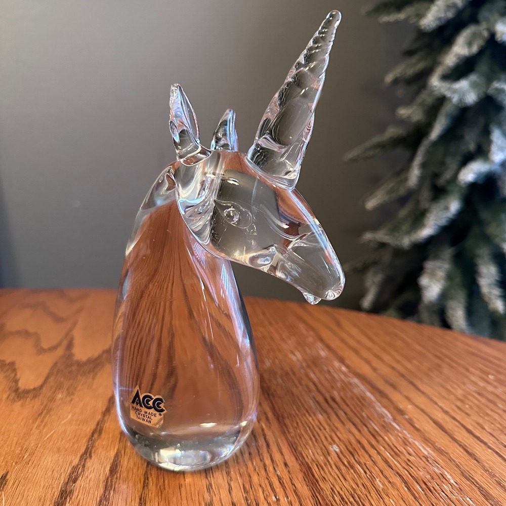 ACC Crystal Unicorn Bust Figurine Glass Hand Made Taiwan Vintage Paperweight